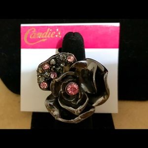 Gunmetal Rose w/Pink & Peach Rhinestones Ring
